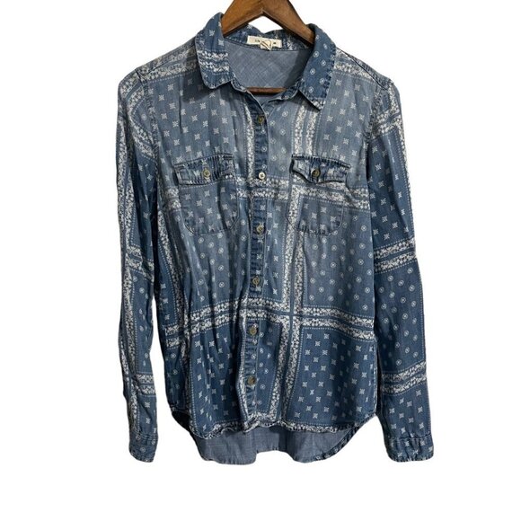 Life In Progress Womens Blue Chambray Southwestern Print Button Up Shirt Small - Picture 1 of 4